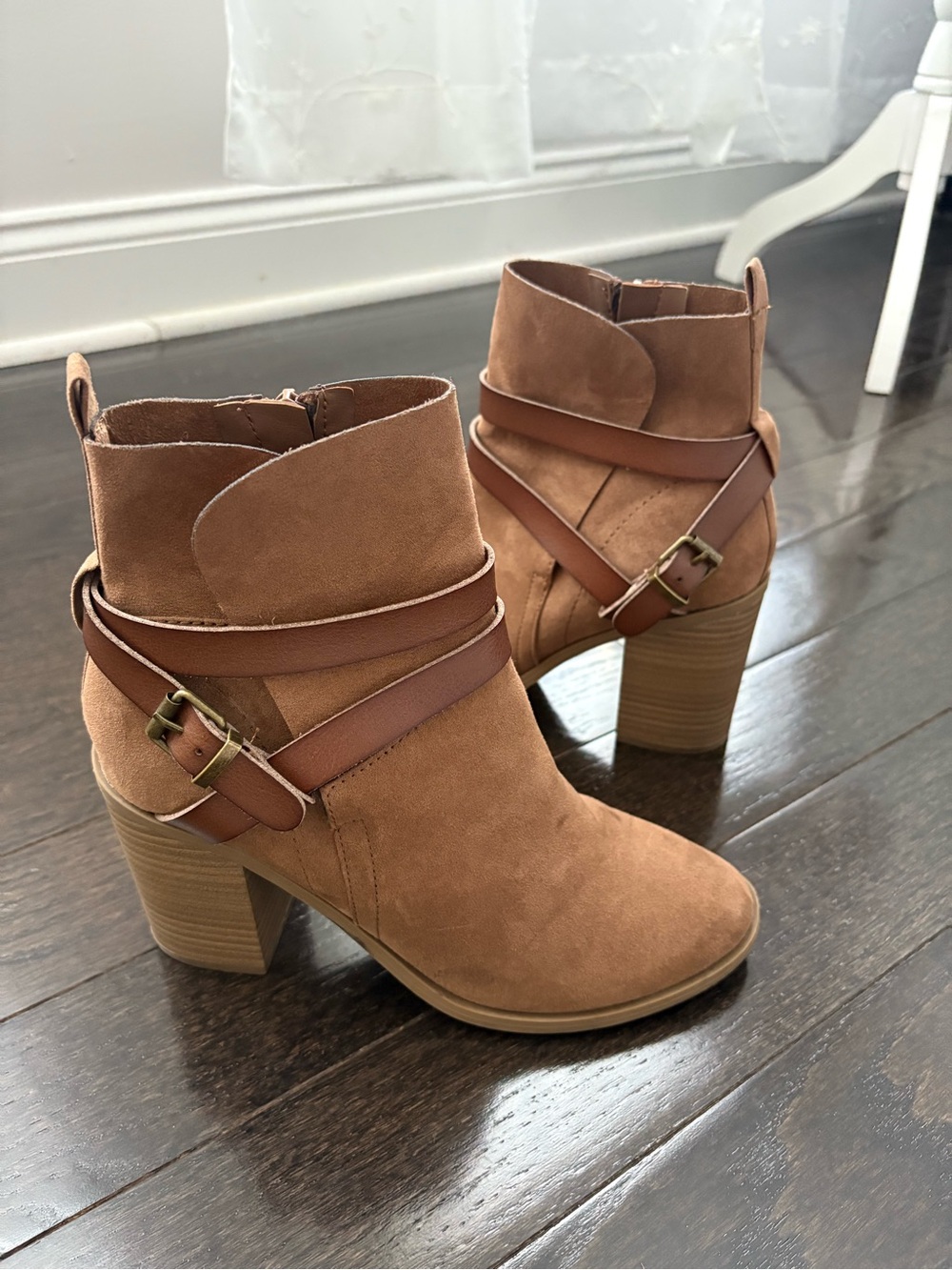Madden Girl Suede Tan Ankle Booties with Buckle Strap
